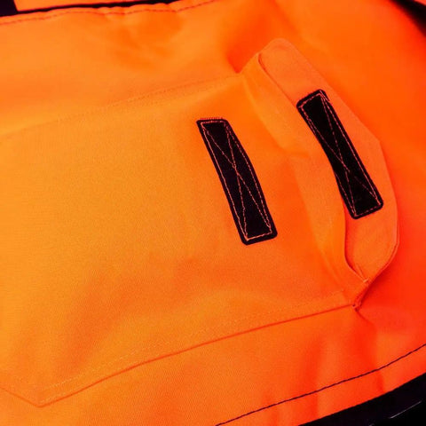 Close-up of Hi Vis Safety Orange Apron Style Chainsaw Chaps Type A Frontal Protection 5 Layer Chain Stopping Protective Fiber