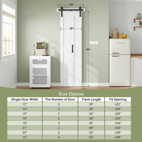 Double 14 Inch Bifold Barn Doors 28 By 84 Inches White, Bi Fold Sliding Closet Doors With Hardware Kit Included, dimensions shown