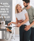 Stainless Steel Jumbo Grease Container With Removable Strainer And Snug Lid For Fryer Oil Bacon Drippings Lard And Ghee Large One Gallon Capacity in kitchen