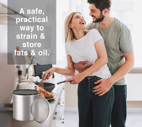 Stainless Steel Jumbo Grease Container With Removable Strainer And Snug Lid For Fryer Oil Bacon Drippings Lard And Ghee Large One Gallon Capacity in kitchen