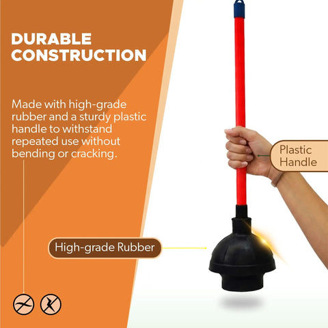 Heavy Duty Toilet Plunger For Bathrooms And Kitchens With Industrial Strength Suction Cup Flange Plunger Red Handle Ready To Clear Drains Sinks And Toilets Pro Grade For Home Or Biz Use Everyday Clogs shown with rubber cup and plastic handle.