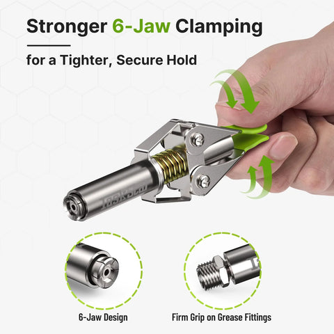 TaskStar grease gun coupler with 6-jaw clamp and green quick-release lever, close-up view.