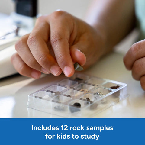 Beginner Stereo Microscope For Kids Eight To Twelve kit with 12 rock samples in a clear plastic tray for study