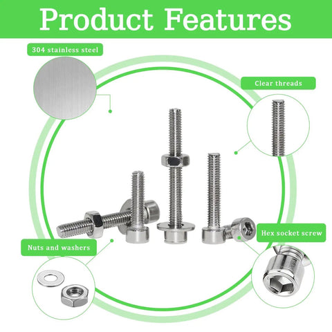 Massive M3 Screws Set 915 Pieces Stainless Steel Hex Socket Head Cap Screws Nuts And Washers Kit with product features highlighted