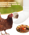 Top Shelf 2 Pack Chicken Feeder Set With Smart No Waste Gravity Design For Coops Ducks Turkeys And Geese Easy Fill Tough PVC Poultry Bucket Gear For Backyard Flocks with brown chicken and PVC feeding pipe.