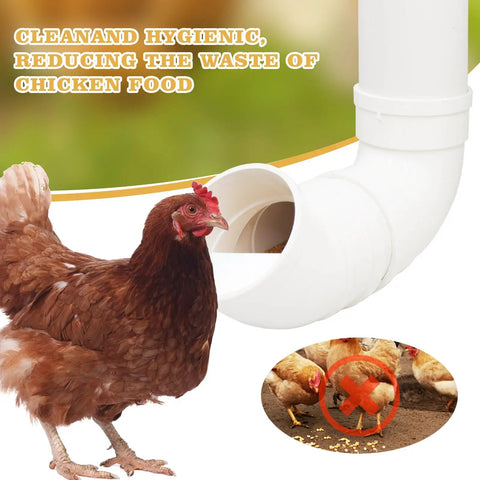 Top Shelf 2 Pack Chicken Feeder Set With Smart No Waste Gravity Design For Coops Ducks Turkeys And Geese Easy Fill Tough PVC Poultry Bucket Gear For Backyard Flocks with brown chicken and PVC feeding pipe.