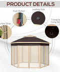 Easy Up 13 By 13 Pop Up Gazebo With Zippered Mesh Sides, Sturdy Steel Frame, details of push button, curtain strap, fixing ring