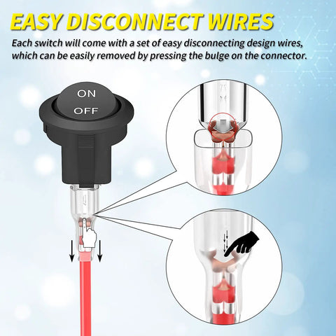 10 Pack Round Rocker Switch 12V On Off DC 2 Pin SPST Toggle Switch 20mm with easy disconnect wires instruction