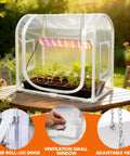 Mini Indoor Outdoor Greenhouse Grow Light Kit With Timer And Dimming, showing metal tabletop frame on patio with plants