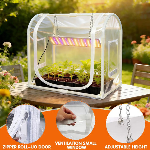 Mini Indoor Outdoor Greenhouse Grow Light Kit With Timer And Dimming, showing metal tabletop frame on patio with plants