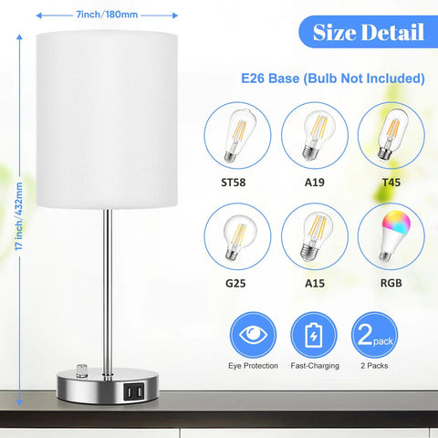 Dual USB Table Lamps With AC Outlet And Rotary Switch, White Fabric Shade Modern Nightstand Lights for Bedroom, Size Detail Image