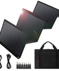 Portable 60W Foldable Solar Panel For Camping On The Go Powers Cell Phones And Tablets With 5V USB And 18V DC in outdoor setup with cables