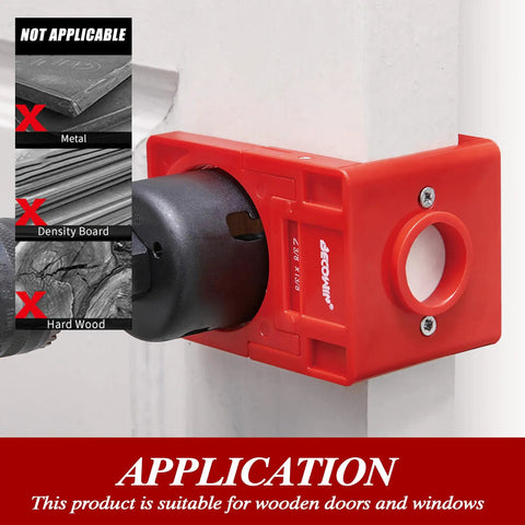 Door Lock Installation Kit For Wood Doors With Adjustable Guide Template And Arbor Drill Bit in use on a wood frame.