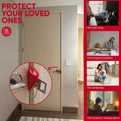 Door Lock For Extra Security And Privacy While Traveling Portable Travel Lockdown Prevent Entry And Keep Your Family Safe Red Ideal For Hotels Dorms Apartments And Bedrooms On The Go Easy To Use Yet Durable Travel Essential Safety Gear installed on a door