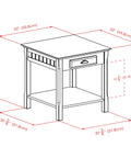 Round Beechwood End Table In Black Finish With Storage Drawer And Open Shelf, Rustic Modern Accent Piece, with measurements.