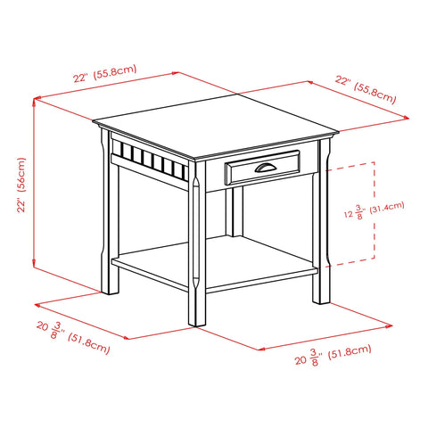 Round Beechwood End Table In Black Finish With Storage Drawer And Open Shelf, Rustic Modern Accent Piece, with measurements.