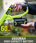 Hand holding battery for 20V Cordless Tiller Cultivator With 4Ah Battery And Fast Charger Included 300 RPM Garden Rototiller