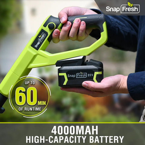 Hand holding battery for 20V Cordless Tiller Cultivator With 4Ah Battery And Fast Charger Included 300 RPM Garden Rototiller