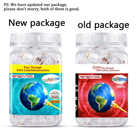 New and old packaging of Cat6a Pass Through Ethernet Connectors 8P8C Gold Plated 23 AWG for Unshielded Twisted Pair Solid Wire and Cables