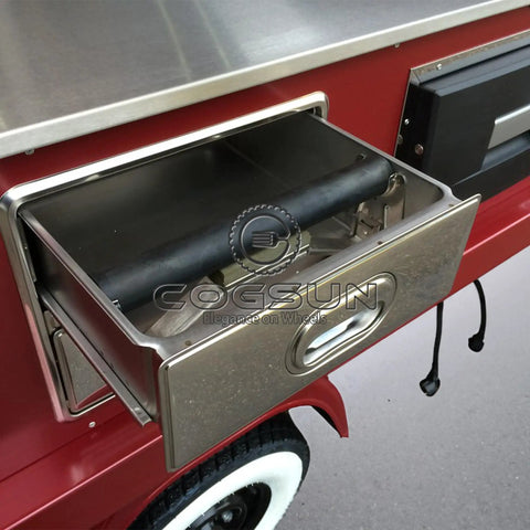 Close-up of locking drawer in 10.5 Ft Mobile Food Concession Trailer With Locking Drawers And Wide Prep Counter.