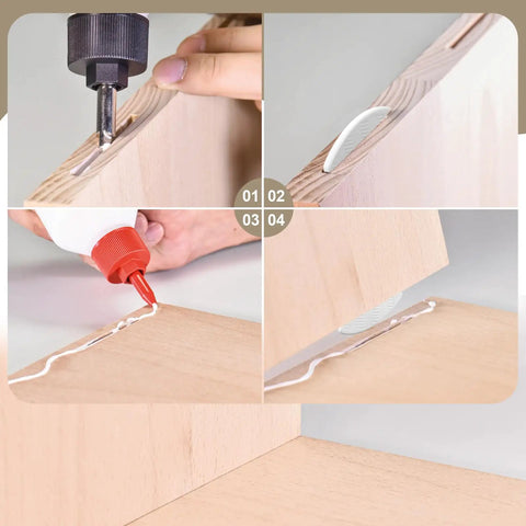 50 White PVC Biscuit Joiner Connectors Kit With Self Clamping Plates for DIY woodworking displaying joining process