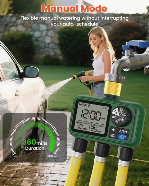 Person using Outdoor Garden Water Timer For Hose With Auto Manual And Rain Delay Modes All In One 3 Zone Sprinkler Controller