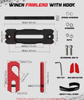 Winch fairlead with hook dimensions, featuring 12 inch aluminum fairlead and grade 80 forged steel hook, durable off-road gear.