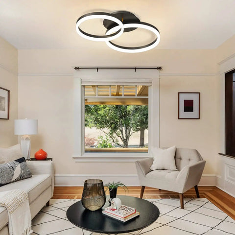 Living room with Modern 2 Ring LED Flush Mount Ceiling Light With 40W Power, Adjustable Color Temperature 3000K 4000K 6500K, Sleek Dope Black Finish.