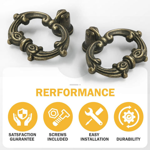 Image of Six Bronze Oval Drop Ring Drawer Pulls Set With Mounting Hardware For Dresser Cabinets And Cupboards, vintage style.