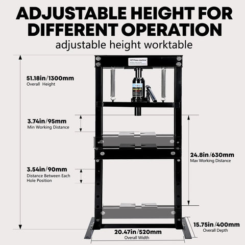 12 Ton Hydraulic Shop Press With Movable Plates And Adjustable Height H Frame For Garage Floor Use Overload Protection