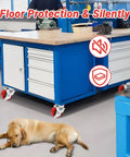 4 Inch Heavy Duty Industrial Polyurethane Casters Set Of 4 With Dual Ball Bearings Solid Polyurethane Wheels 2500 Lb Capacity Plate Swivel Casters For Carts Machines And Equipment Durability supporting a workbench in a workshop with a dog lying on the floor.
