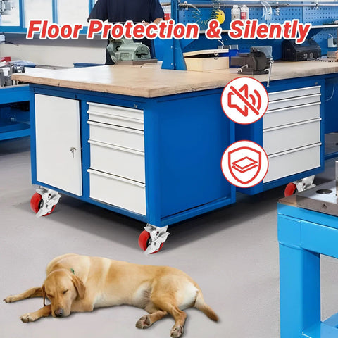 4 Inch Heavy Duty Industrial Polyurethane Casters Set Of 4 With Dual Ball Bearings Solid Polyurethane Wheels 2500 Lb Capacity Plate Swivel Casters For Carts Machines And Equipment Durability supporting a workbench in a workshop with a dog lying on the floor.