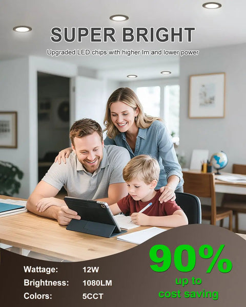 Family enjoying 12 Pack 6 Inch Black LED Recessed Ceiling Lights With Junction Box in a bright kitchen setting