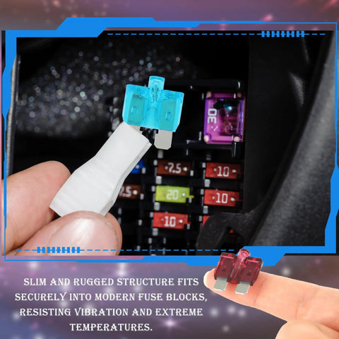 Heavy Duty LED Blade Fuse Assortment Kit Featuring ATC ATO Circuit Breakers For Whip And Diesel Rig 5A To 40A Amperage Protection, blue fuse installed in a fuse panel