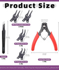 Must Have All In One Snap Ring Pliers Kit 4 In 1 with Pro Grade Alloy Steel, tweezers, and various jaw types shown in size chart