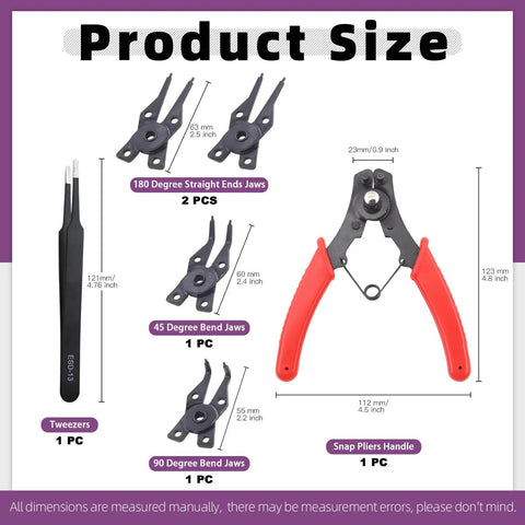 Must Have All In One Snap Ring Pliers Kit 4 In 1 with Pro Grade Alloy Steel, tweezers, and various jaw types shown in size chart