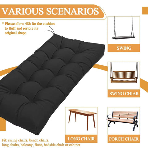 Water Repellent Outdoor Bench Cushion 44x19 With Tufted Style And Cozy Comfort, High Elasticity PP Cotton Filling shown in use scenarios