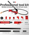 4 Ton Porta Power Hydraulic Ram Jack Kit 8800 Lbs Capacity Auto Body Frame Puller Tool Set With Blow Mold Case, pump and accessories shown.
