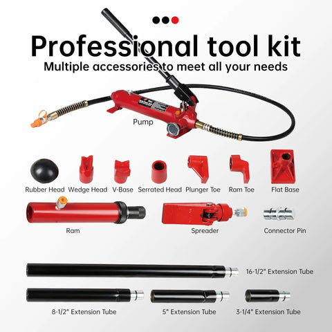 4 Ton Porta Power Hydraulic Ram Jack Kit 8800 Lbs Capacity Auto Body Frame Puller Tool Set With Blow Mold Case, pump and accessories shown.