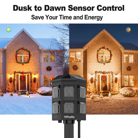 Outdoor Power Strip With 25 Ft Extension Cord, Remote Dusk To Dawn Timer, Waterproof, 6 Grounded Outlets for Christmas Yard Inflatables and Outdoor Decor, ETL Listed With 100 Ft Remote Range in front of decorated house