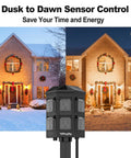 Outdoor Power Strip With 50 Ft Extension Cord And 100 Ft Remote Control Dusk To Dawn Water Resistant Timer displayed in winter setting