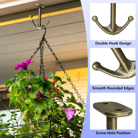 Installed Two Prong Ceiling Hooks Set In Bronze Finish, Heavy Duty Zinc Alloy Construction, holding a hanging flower basket.