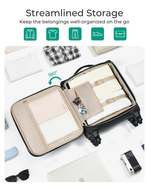 Underseat Carry On Luggage With Spinner Wheels 16 Inch Small Rolling Softside Suitcase open with neatly packed clothes