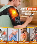 Man using Cordless Shoulder Heating Pad With Massage And Remote Control for rotator cuff pain relief, text about shoulder discomfort.