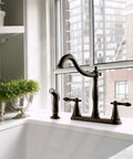 Oakmont Two Handle Kitchen Faucet With Side Sprayer In Oil Rubbed Bronze, Classic Victorian Style, on a kitchen sink