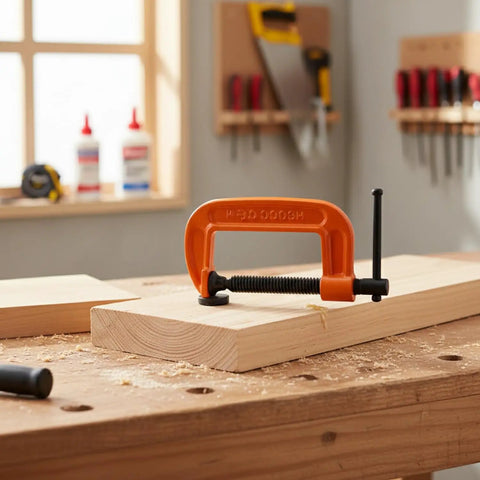 Heavy Duty 1 Inch Iron G Clamps For Woodworking And Furniture Assembly securing two wooden boards on a workbench.