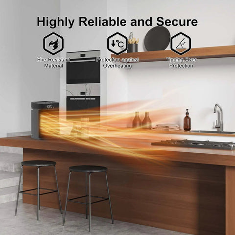 Compact Indoor Space Heater With Remote, 1500W PTC ceramic, shown on kitchen counter demonstrating quick heat flow.