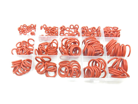 Red Silicone O Ring Kit 225 Piece Set With 15 Metric Sizes VMQ Sealing Gasket Kit in transparent storage box compartments.