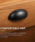 Matte Black Cup Drawer Pulls Five Pack for Cabinets and Furniture Dressers, 3 Inch Hole Centers Cup Handles on wood cabinet