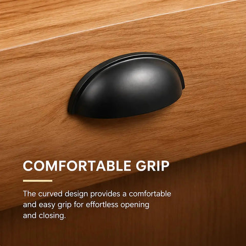 Matte Black Cup Drawer Pulls Five Pack for Cabinets and Furniture Dressers, 3 Inch Hole Centers Cup Handles on wood cabinet